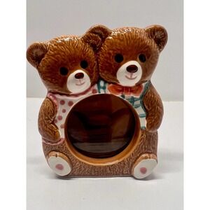 VNTG Ceramic His and Her~ Brother- Sister Picture Frame Teddy Bear Circle Window